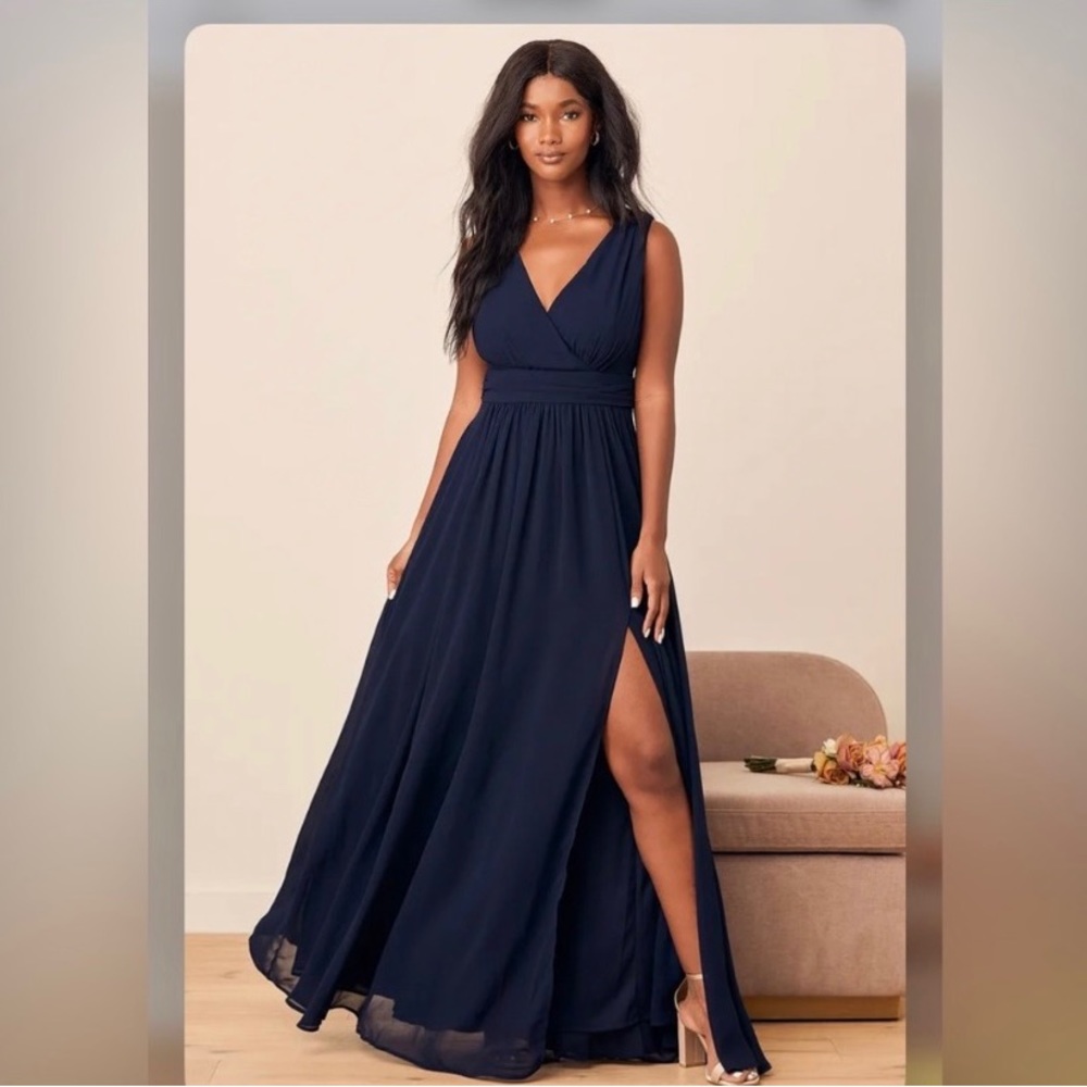 New Lulus Thoughts of Hue Navy Blue Surplice Maxi Dress Size S